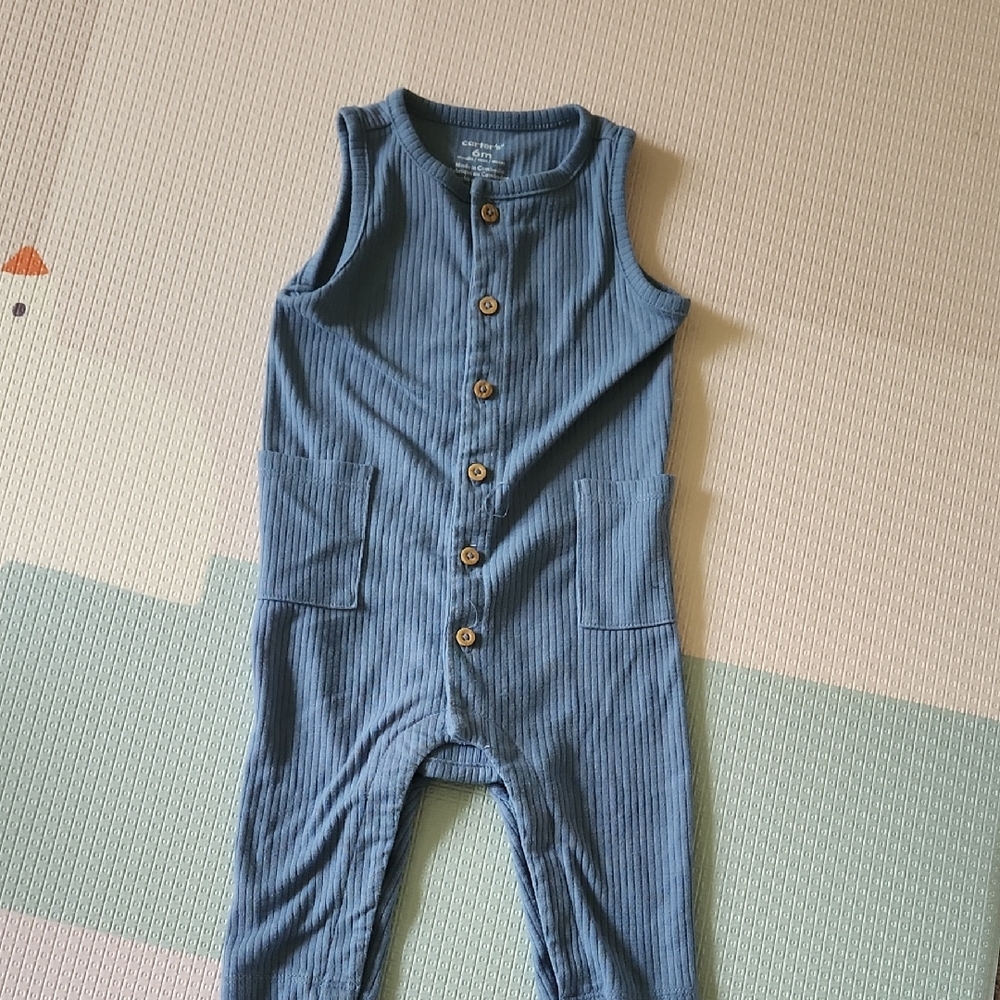 💙6M Ribbed Button-Front Sleeveless Romper - Blue